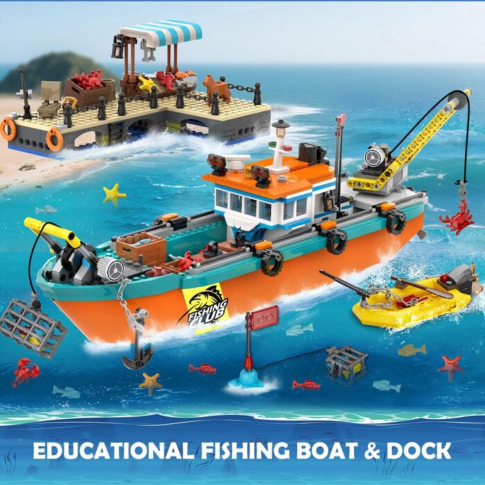Конструктор HiWEEGO City Fishing Boat Shipyard Boat Construction Kit HG1047, 762 деталі, плавучий човен
