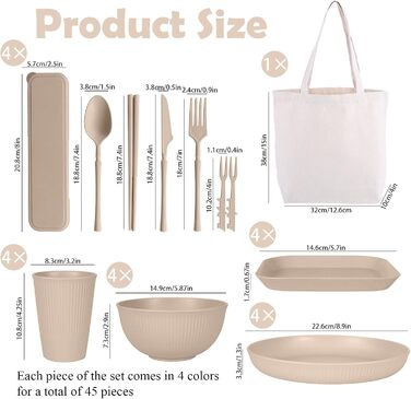 Небиткий набір посуду на 4 особи з сумкою з тканини, багаторазовий посуд для кемпінгу, пластиковий посуд для пікніка, барбекю, легкий посуд для подачі, тарілки, миски, столові прибори в комплекті