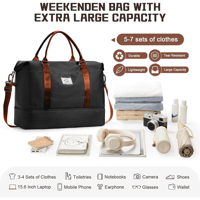 Велика жіноча дорожня сумка, ручна поклажа, спортивна сумка, сумка для вихідних, сумка для плавання, водонепроникна дорожня сумка, спортивна сумка, сумка для фітнесу, сумка для тренувань, лікарняна сумка з відділенням для взуття, N7-чорно-коричнева A03-чо