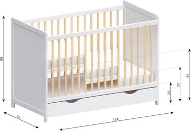 Дитяче ліжечко/спальне місце Love For Sleep 120x60 см з поролоновим матрацом та стьобаним чохлом, дитяче ліжко Tokyo білого кольору з сосни, дерев&39яне дитяче ліжко - трансформоване дитяче ліжко, білий/сосна