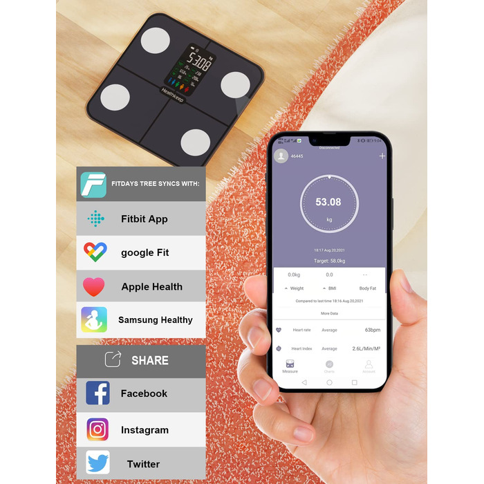 Шкала жиру в організмі Healthkeep Ваги для ванної кімнати Цифрові ваги з жировими відкладеннями та м'язовою масою для 15 даних про тіло Монітор серцевого ритму Люди з великим екраном VA з додатком для iOS та Android 280 Темно-блакитний Тьмяний