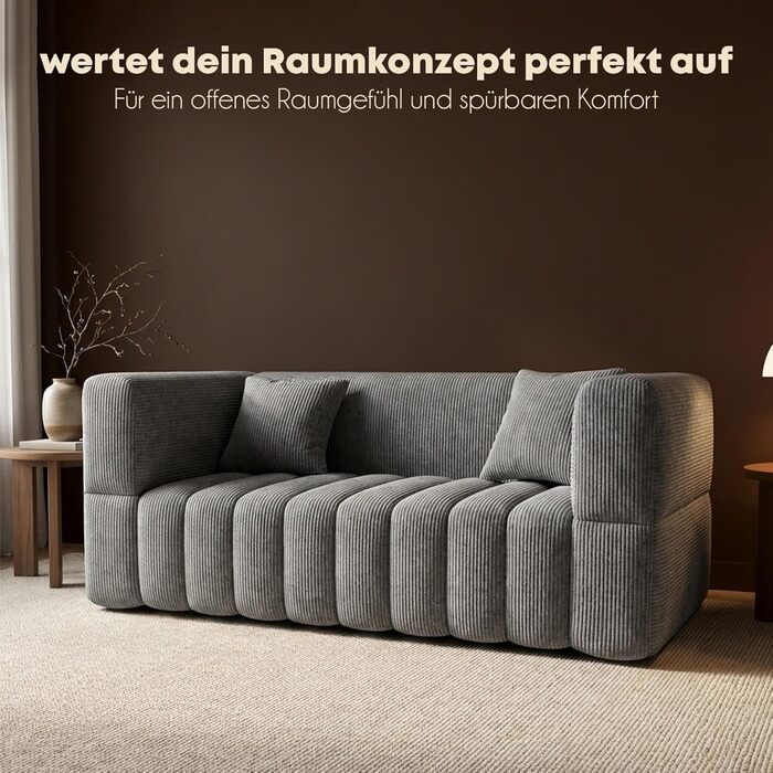 Місний вельветовий диван RUMMY, м&39який безкаркасний диван з піною з ефектом пам&39яті високої щільності, зручний диван для вітальні та спальні, сірий, 2-