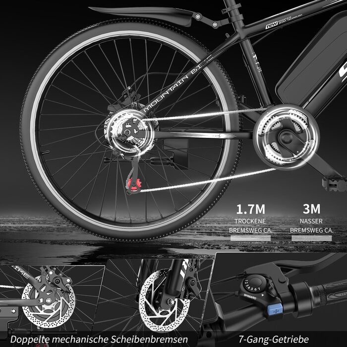 Електричний велосипед ASKGO зі знімним акумулятором 48 В 10 Аг, гірський електровелосипед 26 дюймів, запас ходу 80 км, передня підвіска, 7-швидкісний електровелосипед для дорослих, чоловіків та жінок