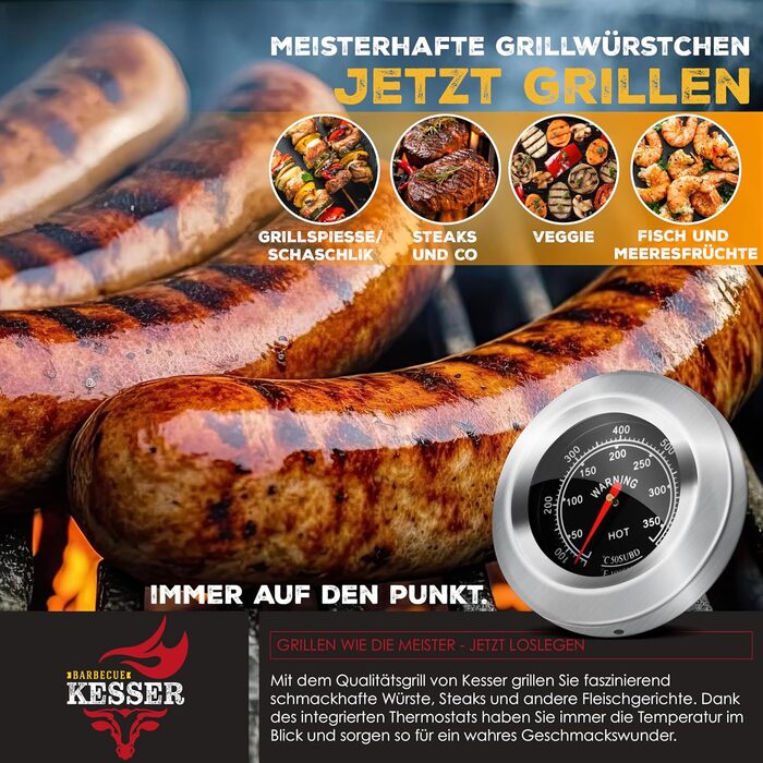 Вугільний гриль KESSER BBQ Smoker XL з кришкою, колесами, ручкою з нержавіючої сталі, термометром, решіткою для гриля, щіткою, кришкою, 8 шампурами з пакетом і силіконовою щіткою, окремо стоячим грилем, візком для вугільного гриля