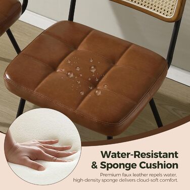 Обідні стільці Zouron з ротанга, комплект з 2 шт. , коричнева штучна шкіра - сучасні обідні стільці середини століття з трубчастими спинками, оббиті штучною шкірою, кухонний стілець з ротанга та тростини без підлокітників з чорними металевими ніжками