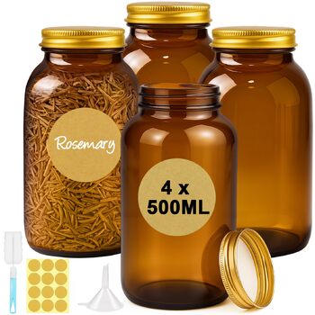 Набір скляних банок для зберігання, 4 предмети, банки з бурштинового скла об&39ємом 500 мл з кришками, герметичні, з етикетками та лійкою, вологозахисні пляшки з бурштинового скла для зберігання спецій, трав, чаю, кави, горіхів, 4 x 500 мл