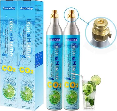 Циліндр CO2 GreatWhip 60 л для SodaStream, змінний карбонізатор, що загвинчується, сумісний з пристроєм SodaMaker, різьбовий циліндр, набір з 2 шт.