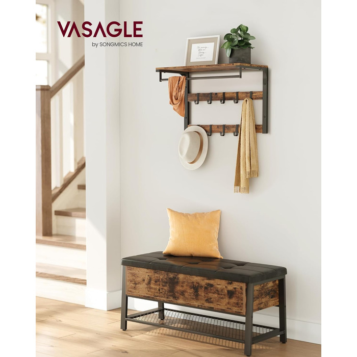 Настінна вішалка VASAGLE, з полицею, настінна полиця з 10 знімними гачками, підвісна полиця, настінне кріплення, 2 вішалки, вішалк