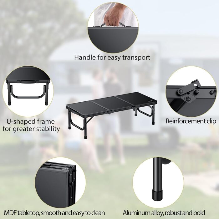 Кемпінговий стіл Anbte, розкладний стіл 87x40x26 см (ДхШхВ) з товстою алюмінієвою рамою, низький стіл для пікніка, легкий садовий стіл, стіл-валіза, стіл для барбекю, портативний для кемпінгу, вечірки, пляжу, балкону (повністю чорний), повністю чорна рама