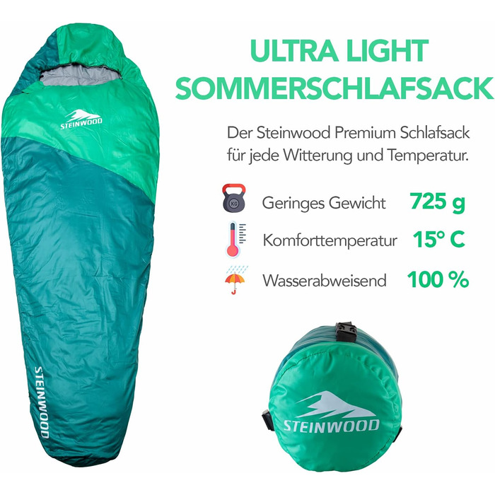 Спальний мішок Steinwood Premium, надзвичайно широкий, 3-4 сезони, 210 см - спальний мішок для вулиці, спальний мішок для мами, спальний мішок-кабінка, літній - зелений - двостороння блискавка