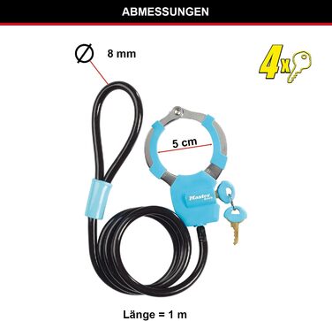 Тросовий замок MASTER LOCK з ключем Трос 1 м 8275EURDPROBLU Ідеально підходить для самокатів, велосипедів, колясок, спортивного спорядження, синій трос, одинарний