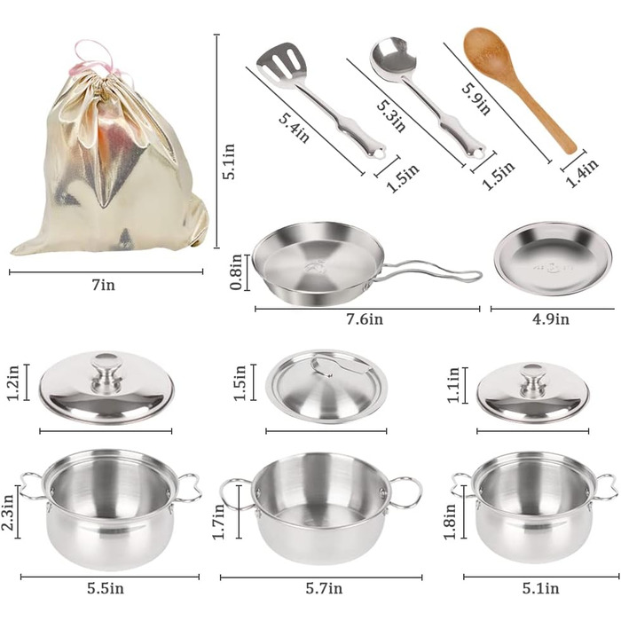 Набір посуду для міні-кухні з нержавіючої сталі, кухонні каструлі та сковорідки, іграшка для кухонного посуду, іграшка для дитячої кухні, з 1 квітковим тканинним мішком, відповідний вік 3 хлопчики та дівчатка