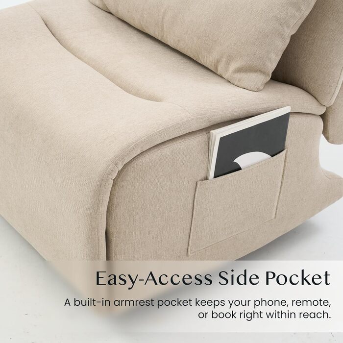 Крісло-гойдалка FLEXISPOT з 3-позиційним регулюванням відкидання, крісло для телевізора, крісло-гойдалка, подушка та бічна кишеня, ідеально підходить для сім&39ї та відпочинку, колір HomeEase Beige Oat Beige
