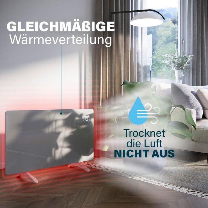 Інфрачервоний обігрівач Princess Connected - Carbon Crystal - Плоский настінний радіатор - 480 Вт - Регульований термостат до 50 C - 24-годинний таймер - Тижневе програмування - Білий або чорний (білий)