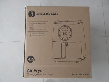 Аерофритюрниця Aigostar 4.2 л, гаряча фритюрниця XXL, фритюрниці без олії, 8 меню та рецептів, світлодіодний сенсорний екран, 1400 Вт, без бісфенолу А