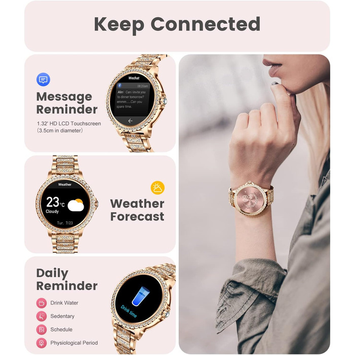 Для Android iOS Smart Watch Women 100 Sports Activity Tracker 1.32" HD Touch Screen Heart Rate Sleep Monitor Diamond Rose Gold Steel Women Smartwatch BW1845D-A