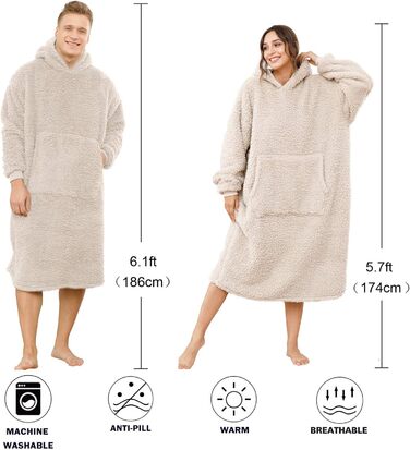Великогабаритна шерпа-ковдра з капюшоном для чоловіків та жінок, довга зручна шерпа-ковдра, светр, волохатий пуловер, плюшевий, теплий, затишний, універсальний розмір, бежевий