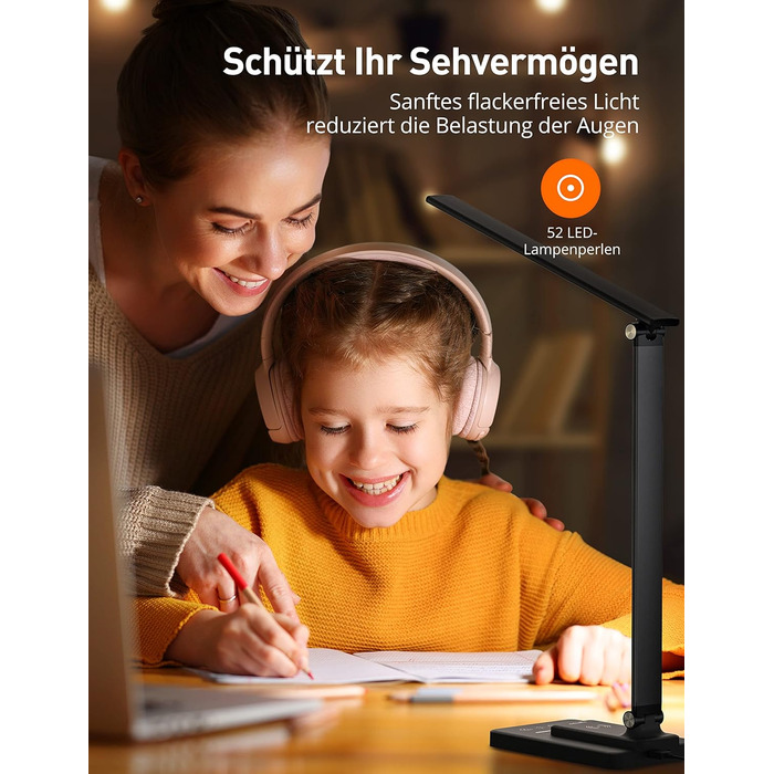 Настільна лампа світлодіодна металева з бездротовим зарядним пристроєм, 5 колірних режимів, 5 рівнів яскравості Настільна лампа, USB-порт для зарядки Приліжкова лампа з можливістю затемнення Дитяча, Спальня, Офіс, Навчання, Читання (Y.black)