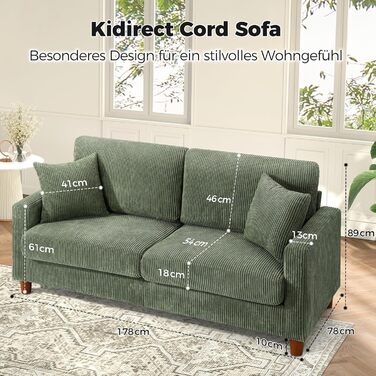 Диван Kidirect Cord 3, зручний диван 178 см, надзвичайно глибокі сидіння 53 см, диван для вітальні, що збирається без інструментів, великий диван-канапа з 2 подушками, сучасний диван для офісу, дивани для спальні, лісово-зелений, лісово-зелений, 178 см