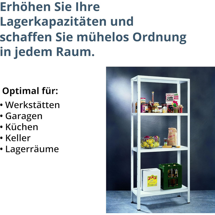 Стелаж SCHULTE з 4 полицями PowerMAX, вантажопідйомність 60 кг, 180x60x40 см (ВxШxГ), білий, полиця для зберігання, полиця для майстерні, полиця для підвалу, полиця для гаража, металева полиця, білий 180x60x40 см