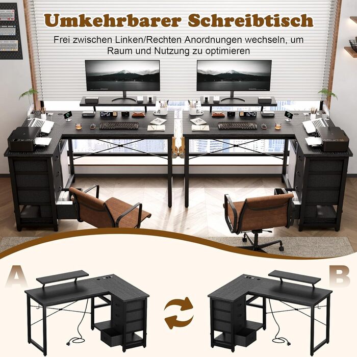 Г-подібний письмовий стіл Devoko з 4 тканинними шухлядами, двосторонній кутовий стіл з 2 розетками та 2 USB-портами, Г-подібний комп&39ютерний стіл для домашнього офісу, чорний, 140x80 см