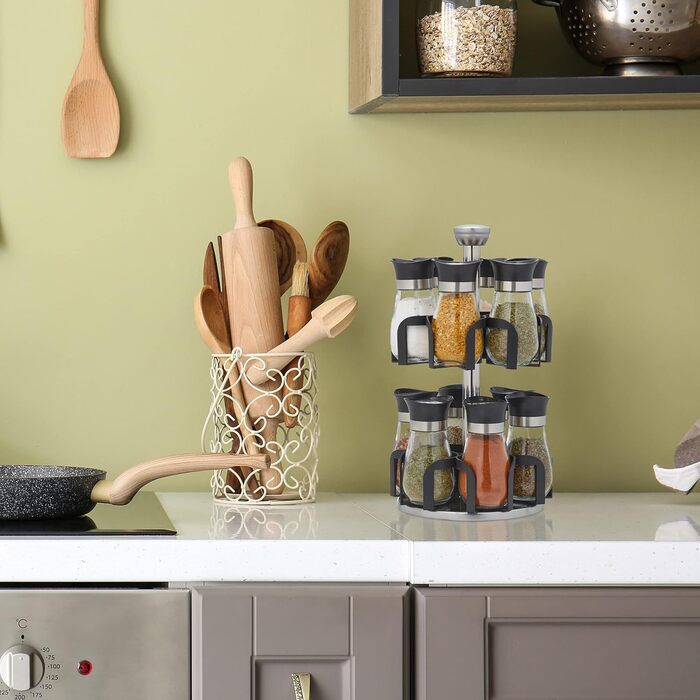 Карусель для спецій Relaxdays, 12 банок для спецій, обертається на 360, нержавіюча сталь, скло, ВxГ 31 x 18 см, підставка для спецій, сріблясто-чорна