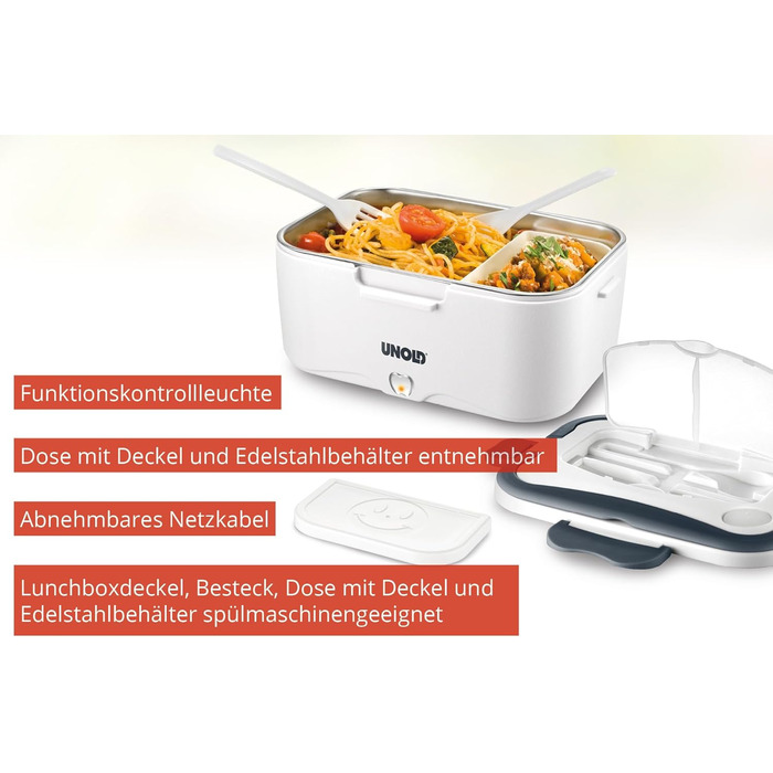 Електричний ланчбокс UNOLD 58850 - білий, 1,5 літра, пластик, для розігріву їжі в дорозі або в офісі, можна мити в посудомийній машині, знімний контейнер з нержавіючої сталі