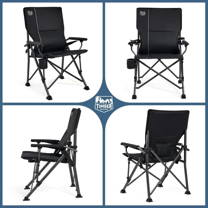 Складане кемпінгове крісло TIMBER RIDGE, вантажопідйомність 150 кг, регульована поперекова опора, складне крісло з підсклянником, сумка для перенесення, крісло для риболовлі, складне крісло, крісло з високою спинкою для кемпінгу, саду, балкону, пікніка, ч