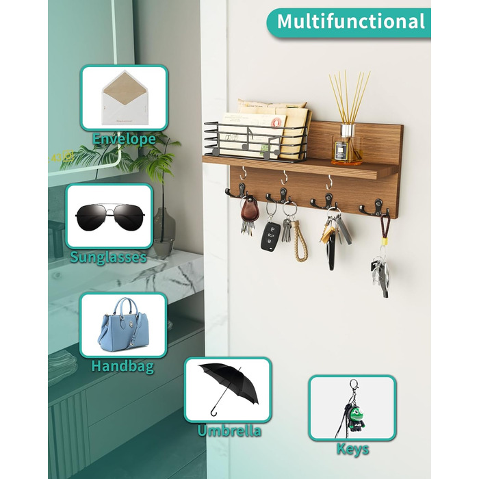 Ключниця HapiRm з декоративною огорожею для нотаток, дошка для ключів з полицею та гачком для ключів, дерев'яна дошка для ключів п