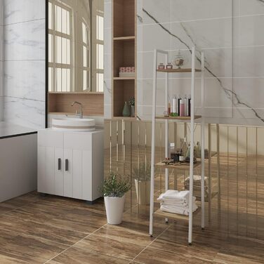 Окремостояча полиця WOLTU, полиця для ванної кімнати, книжкова полиця, кухонна полиця, полиця для взуття з дерева та сталі, з 4 полицями, приблизно 34 x 35 x 148 см, білий світлий дуб RGB9284whe 34 x 35 x 148 см білий дерево