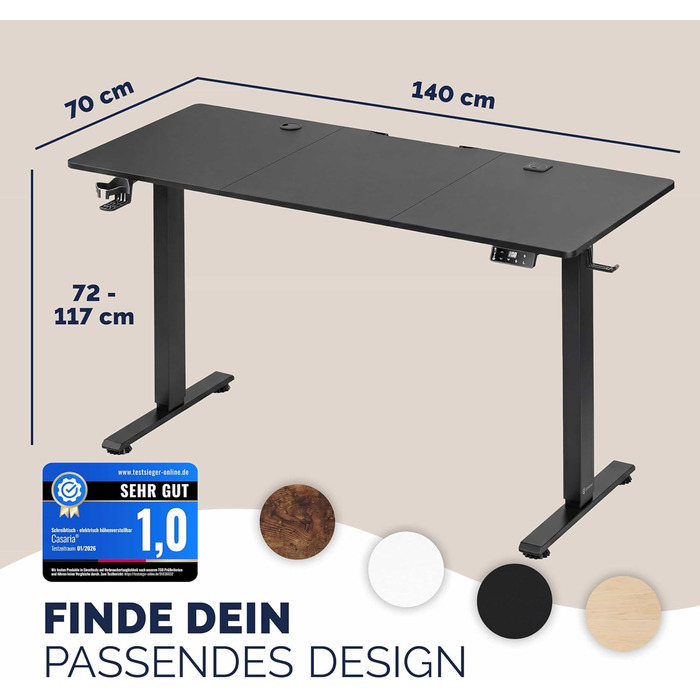 Електричний стіл Casaria з регульованою висотою 140 x 70 см з бездротовим зарядним пристроєм та портом USB-C/A, РК-дисплеєм, функцією пам&39яті, вантажопідйомністю 80 кг, ергономічним, чорним, 140 x 70 см