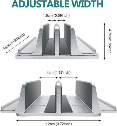 Вертикальна підставка для ноутбука з металу, подвійне регулювання, 4 слоти, для MacBook, HP, Chromebook до 17.5 дюймів (44.5 см) срібляста
