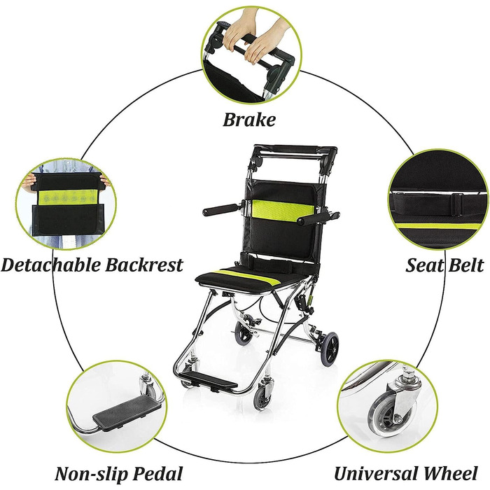 Портативне складне повітряне транспортне крісло з ручним гальмом, надлегкий алюмінієвий візок Tranair, ширина сидіння 12 дюймів, для людей похилого віку, дітей та людей з особливими потребами (лише 1 зелений