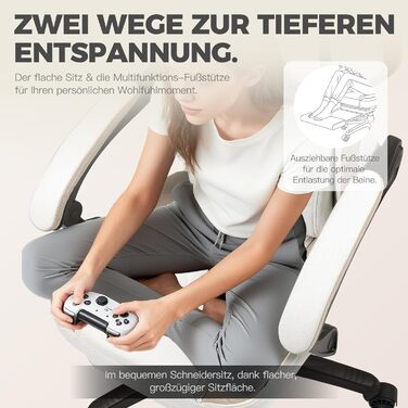 Ігрове крісло Dowinx з тканиною та розсувною та складною підставкою для ніг, ергономічне офісне крісло з гелевою подушкою та пружинною подушкою з кишеньковим механізмом, масажне ігрове крісло для дорослих, бежевого кольору Deluxe