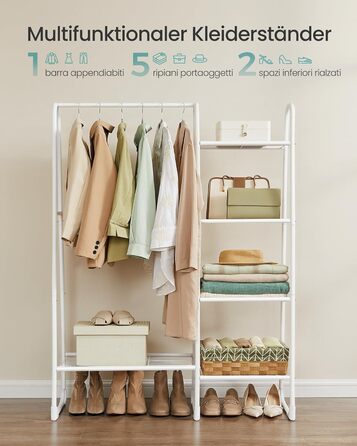 Вішалка для одягу SONGMICS, Вішалка для білизни з 5 полицями, Металевий каркас, 40 x 101,7 x 153,3 см, для спальні, вітальні, вхідної зони, Хмарно-білий HSR138W01