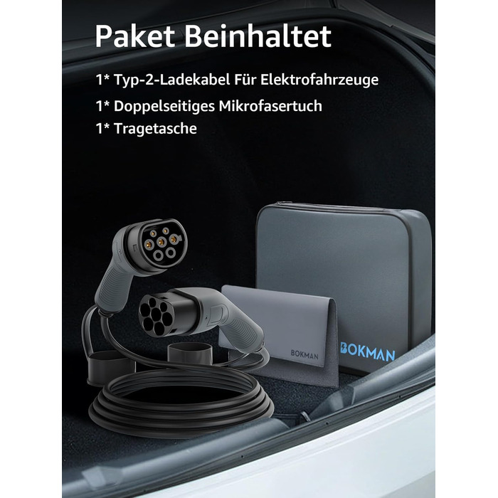 Зарядний кабель bokman type 2, режим 3 / 32A / 22 кВт / 3-фазний / 5 метрів, зарядний кабель типу 2 до типу 2 EV для електромобіля