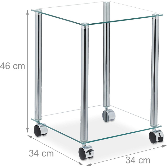 Журнальний столик Relaxdays з колесами, квадратний, скло та сталь, прозорий/сріблястий Мобільний журнальний столик, 2 полиці, вітальня