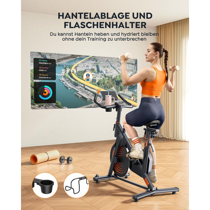 Велотренажер із застосунком, ультратихий, ергономічний дизайн, РК-дисплей з вимірюванням пульсу, магнітний опір, маховик 15 кг, до 160 кг, помаранчевий