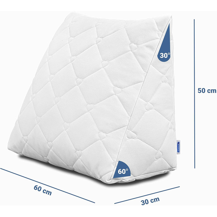Подушка для спини - Клиноподібна подушка для ліжка - 60 x 50 x 30 см, Подушка для книги, дивана, дивана, подушка для читання, подушка для читання, перегляду телевізора, полегшення рефлюксу, бавовняний чохол, що можна прати, регульована товщина