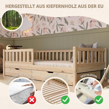 Дитяче ліжко з шухлядою 100x200 см Ліжко Монтессорі з масиву дерева із захистом від падіння Безпечне дитяче ліжко Скандинавський дизайн, легке складання Crazy Basic 200 x 100 см з натурального дерева з шухлядами
