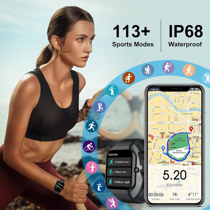 Розумний годинник для чоловіків та жінок, 1,96-дюймовий HD-розумний годинник з функцією телефону, 113 спортивних режимів, фітнес-трекер, пульсометр, монітор сну, SpO2, крокомір, водонепроникний фітнес-годинник IP68 для iOS та Android, чорний, M