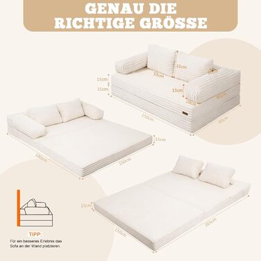 Розкладний диван-ліжко MeMoreCool Cord, зручний розкладний диван із функцією сну, безкістковий диван із подушками для спальні, вітальні та невеликих приміщень, компресійний диван-ліжко 3-в-1, бежевий