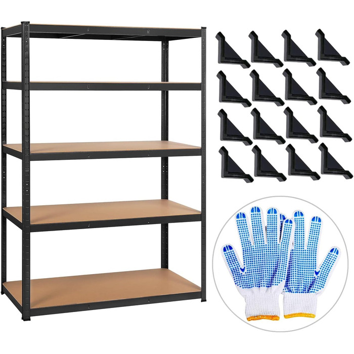 Міцний стелаж 180x120x60 см Система стелажів Регульовані полиці Безболтовий стелаж 875 кг Полиця 5 МДФ панелей Полиця для зберігання Полиця для підвалу Полиця для гаража Чорний 180 x 120 x 60 см, 2 шт.