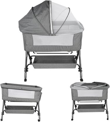 Дитяче ліжечко-колиска, 4-рівневе регулювання висоти, 3-в-1 дитяче ліжко та колиска, ліжечко з колесами, москітна сітка, нахил 20, 104 x 52 x 100-110 см Linen Grey