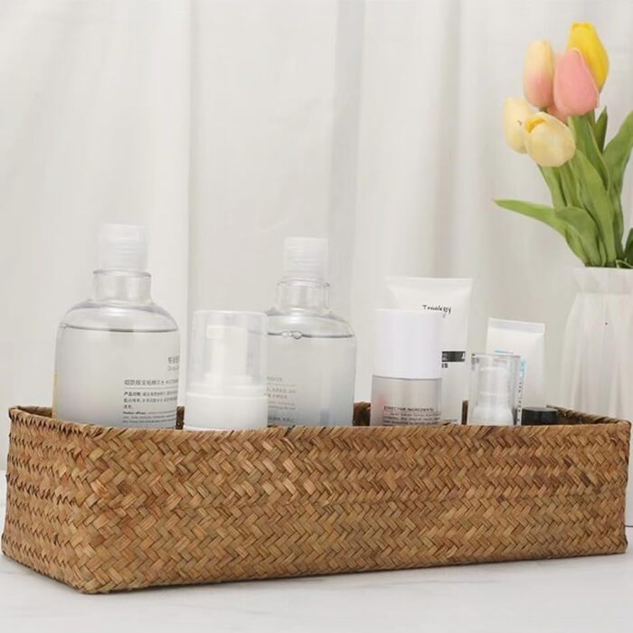 Кошик для зберігання з морської трави для ванної кімнати, плетений кошик для зберігання, плетена скринька для зберігання у ванній кімнаті з 3 відділеннями (37 x 12 x 8 см)
