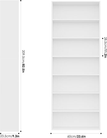 Книжкова полиця FirFurd, полиця з 7 відділеннями, книжкова шафа, окремостояча полиця, полиця для зберігання, для вітальні, офісу, спальні, 209,5 x 60 x 23,5 см, білий