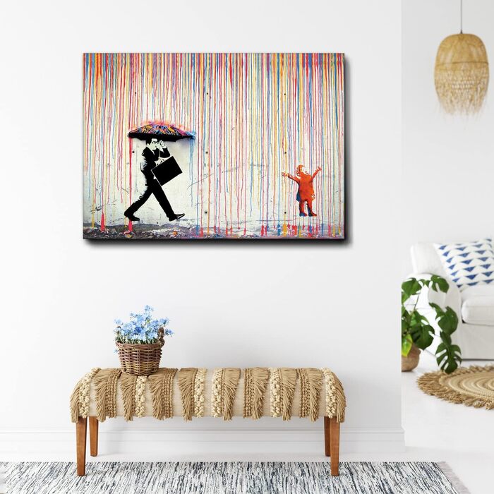 Картина - Бенксі - Дощ фарб - Полотно преміум класу в рамці товщиною 5 см - 140x100 - Готове до повішення - Сучасний живопис для д