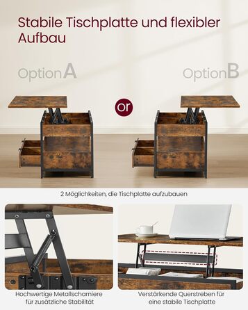 Журнальний столик VASAGLE, стіл для вітальні з регульованою висотою, журнальний столик, з шухлядами, відкритий відсік, 50 x 100 см, вінтажний коричневий-чорний LCT209K01 50 см x 100 см Вінтажний коричневий чорнильний