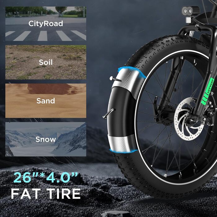 Електричний велосипед HITWAY E-Bike для дорослих 26 дюймів 4.0 Fat Tire, гірський електричний велосипед 48V 15Ah, Pedelec, 7 швидкостей, до 70-150 км, зарядний пристрій акумулятор 48V 15Ah, чорний