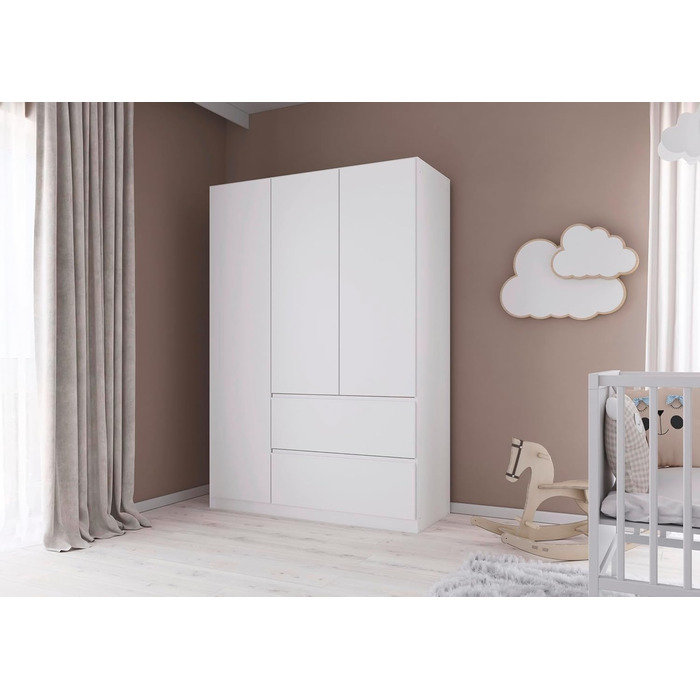 Меблі Rauch Costa, шафа для спальні, дитячої кімнати, кімнати немовляти, кімнати підлітка, передпокою, 3-дверна шафа з 2 шухлядами, механізм відкривання натиском, білий, ширина 136 см, без дзеркала, альпійський білий білий профіль ручки, 54 x 136 x 197 см